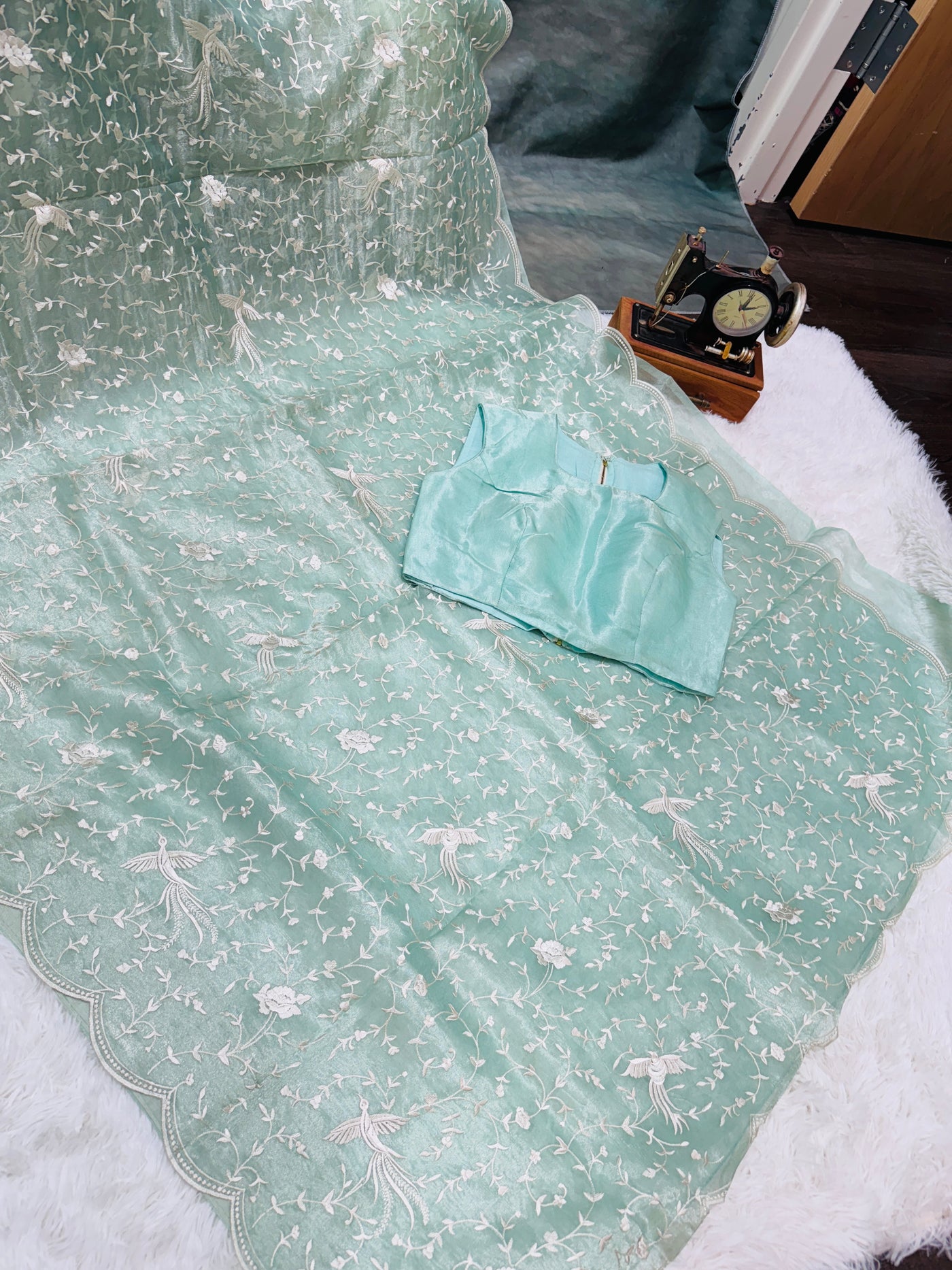 Pastel Green Tissue Organza Saree with White Thread Embroidery & Scallop Border – Paired with Matching Blouse