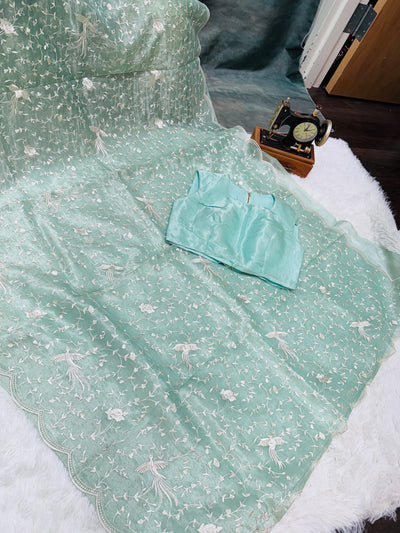 Pastel Green Tissue Organza Saree with White Thread Embroidery & Scallop Border – Paired with Matching Blouse