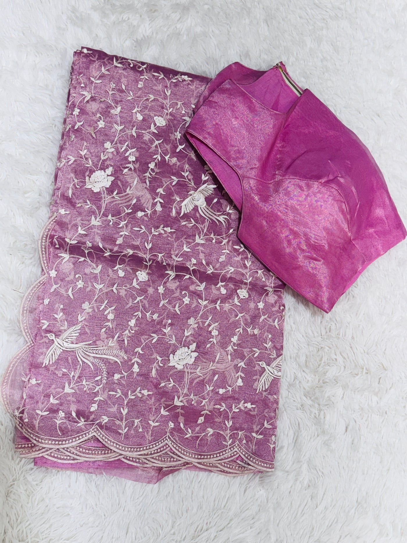 Pink Tissue Organza Saree – Delicate Floral & Bird Embroidery with Scallop Border, Paired with Matching Blouse