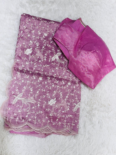 Pink Tissue Organza Saree – Delicate Floral & Bird Embroidery with Scallop Border, Paired with Matching Blouse