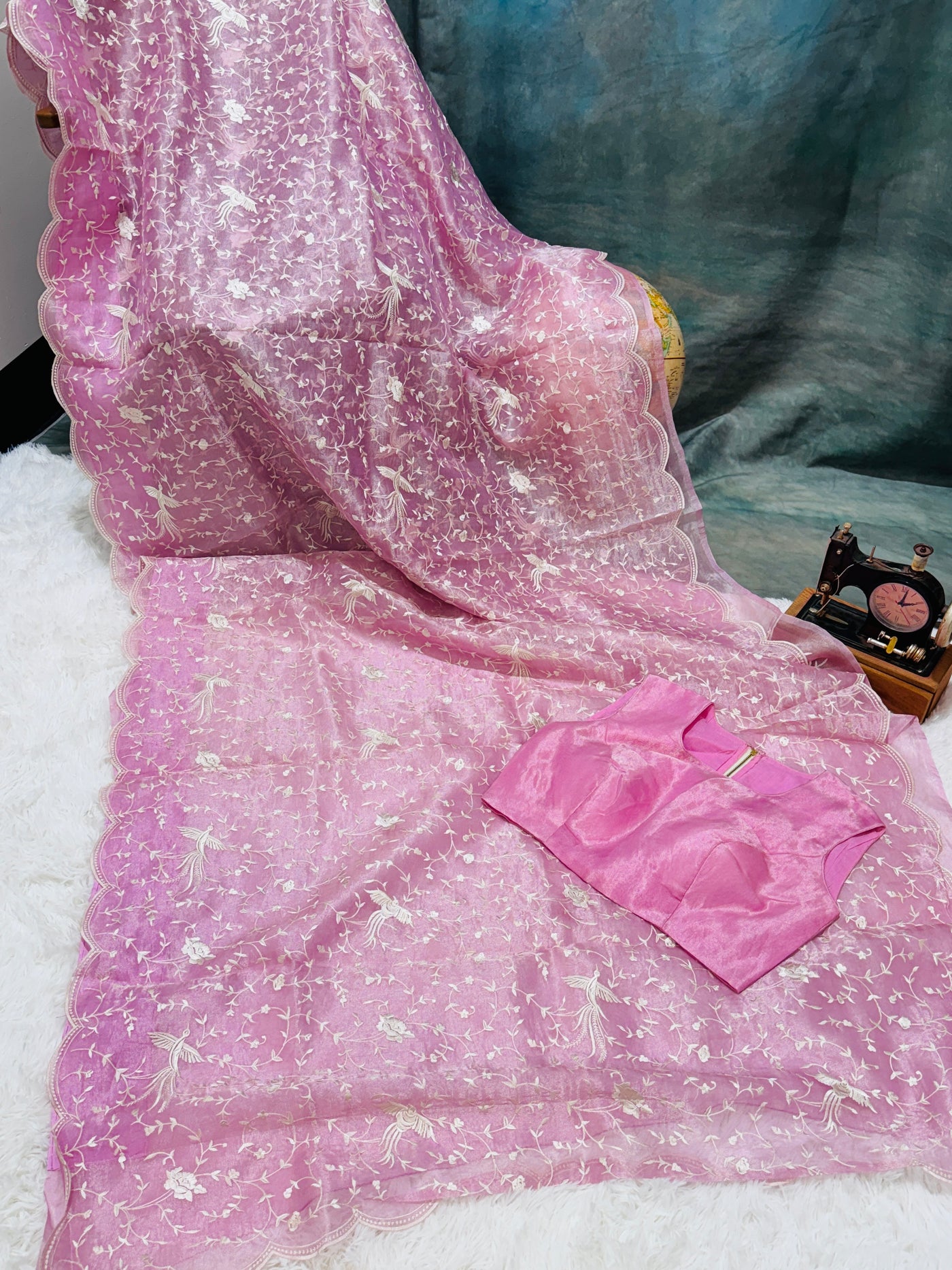 Pink Tissue Organza Saree – Delicate Floral & Bird Embroidery with Scallop Border, Paired with Matching Blouse