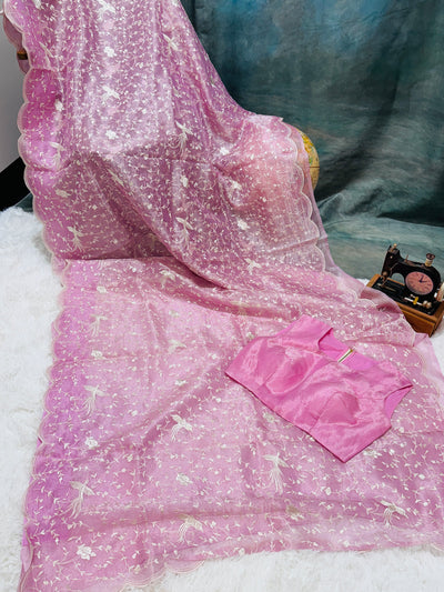 Pink Tissue Organza Saree – Delicate Floral & Bird Embroidery with Scallop Border, Paired with Matching Blouse