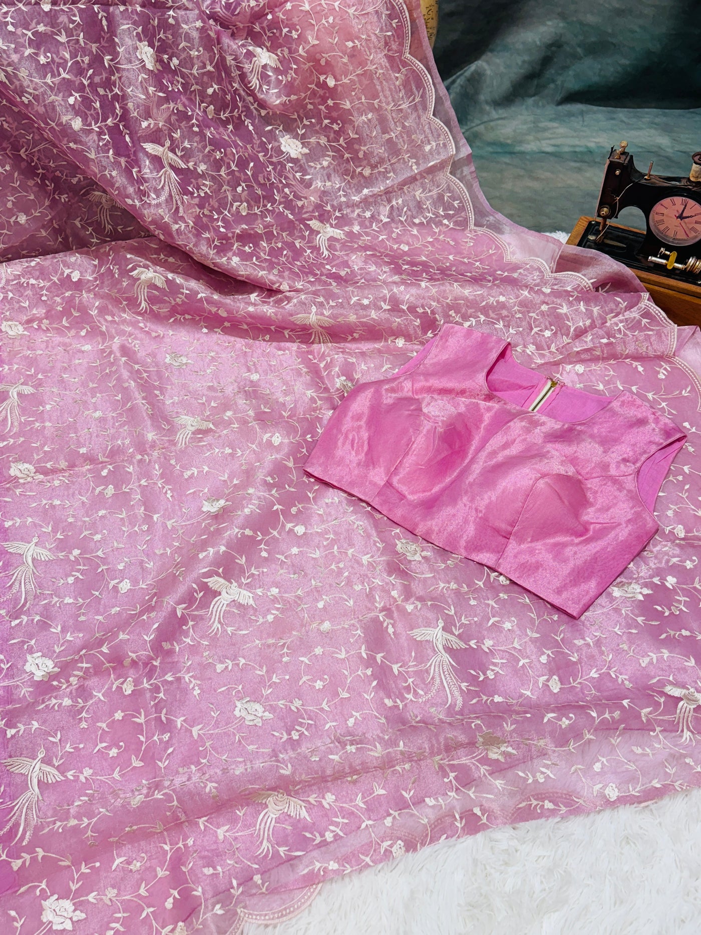 Pink Tissue Organza Saree – Delicate Floral & Bird Embroidery with Scallop Border, Paired with Matching Blouse