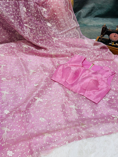 Pink Tissue Organza Saree – Delicate Floral & Bird Embroidery with Scallop Border, Paired with Matching Blouse