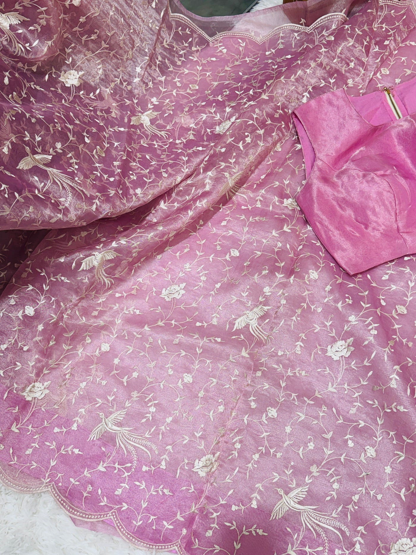 Pink Tissue Organza Saree – Delicate Floral & Bird Embroidery with Scallop Border, Paired with Matching Blouse