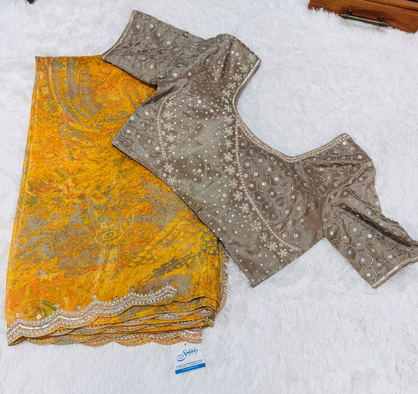 Fancy Saree – Mustard Yellow & Grey Dual Tone with Embellished Border, Paired with Taupe Bead & Moti Work Blouse