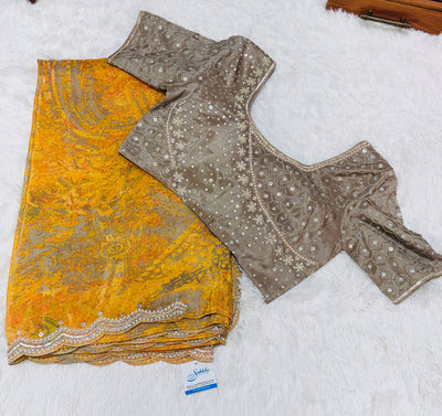 Fancy Saree – Mustard Yellow & Grey Dual Tone with Embellished Border, Paired with Taupe Bead & Moti Work Blouse