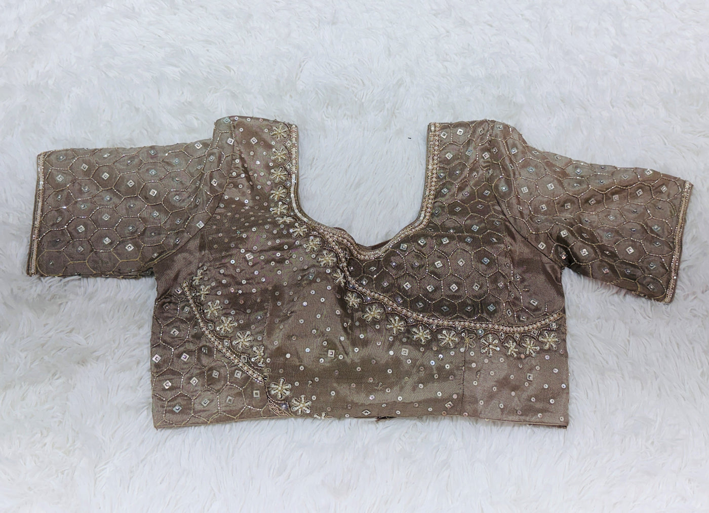 Fancy Saree – Mustard Yellow & Grey Dual Tone with Embellished Border, Paired with Taupe Bead & Moti Work Blouse