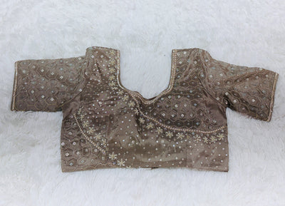Fancy Saree – Mustard Yellow & Grey Dual Tone with Embellished Border, Paired with Taupe Bead & Moti Work Blouse