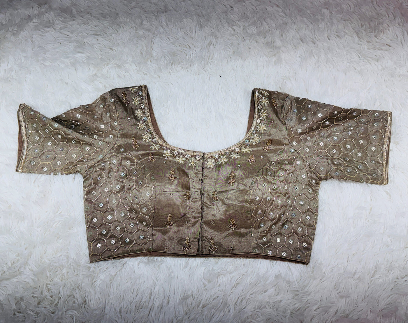 Fancy Saree – Mustard Yellow & Grey Dual Tone with Embellished Border, Paired with Taupe Bead & Moti Work Blouse