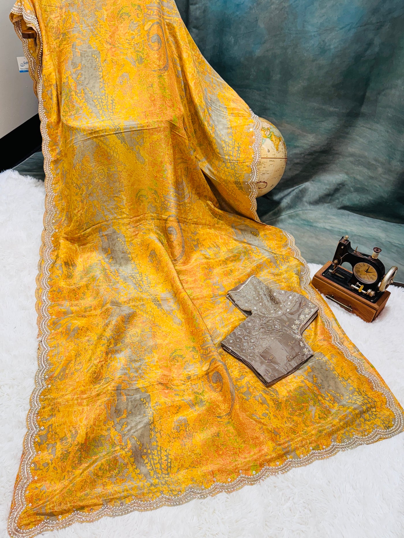 Fancy Saree – Mustard Yellow & Grey Dual Tone with Embellished Border, Paired with Taupe Bead & Moti Work Blouse