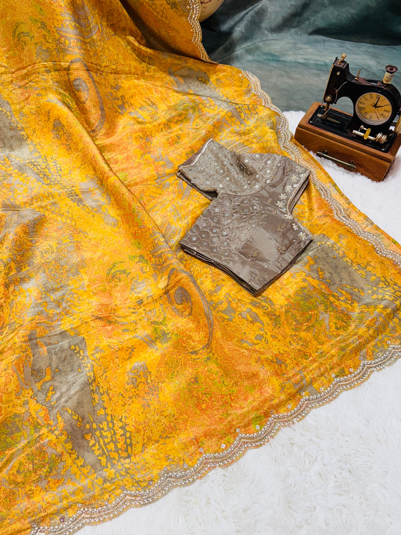 Fancy Saree – Mustard Yellow & Grey Dual Tone with Embellished Border, Paired with Taupe Bead & Moti Work Blouse