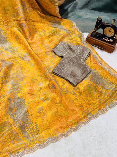 Fancy Saree – Mustard Yellow & Grey Dual Tone with Embellished Border, Paired with Taupe Bead & Moti Work Blouse