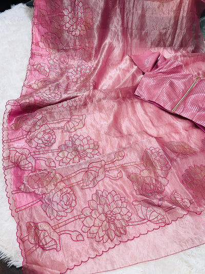 Pink Tissue Saree with Floral Thread Work & Matching Checkered Blouse