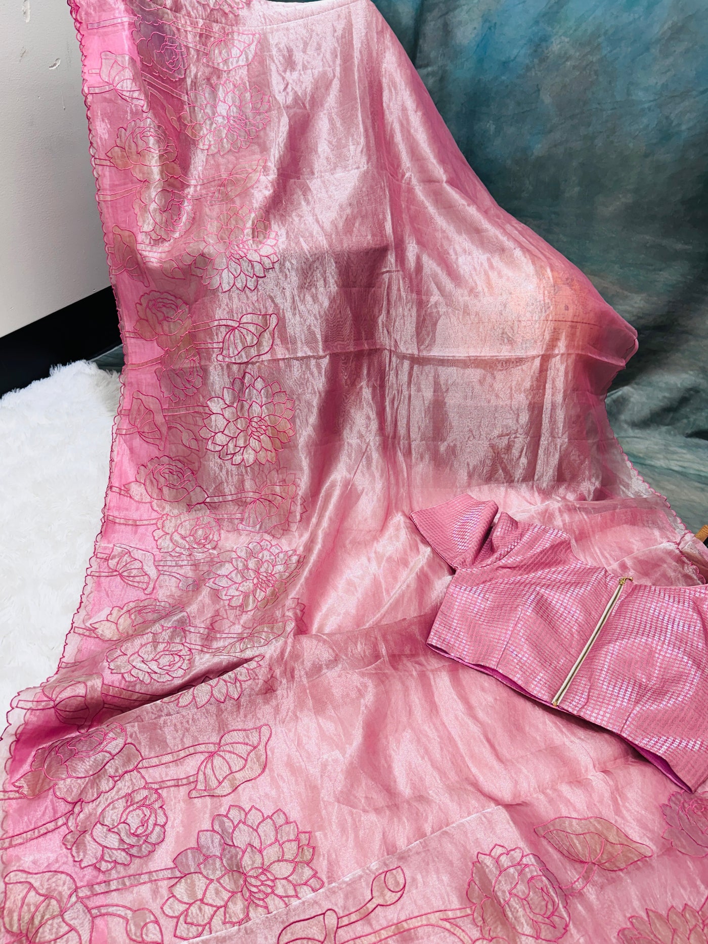 Pink Tissue Saree with Floral Thread Work & Matching Checkered Blouse