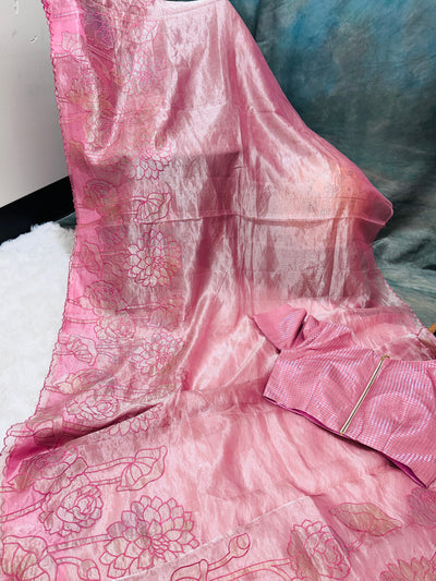 Pink Tissue Saree with Floral Thread Work & Matching Checkered Blouse