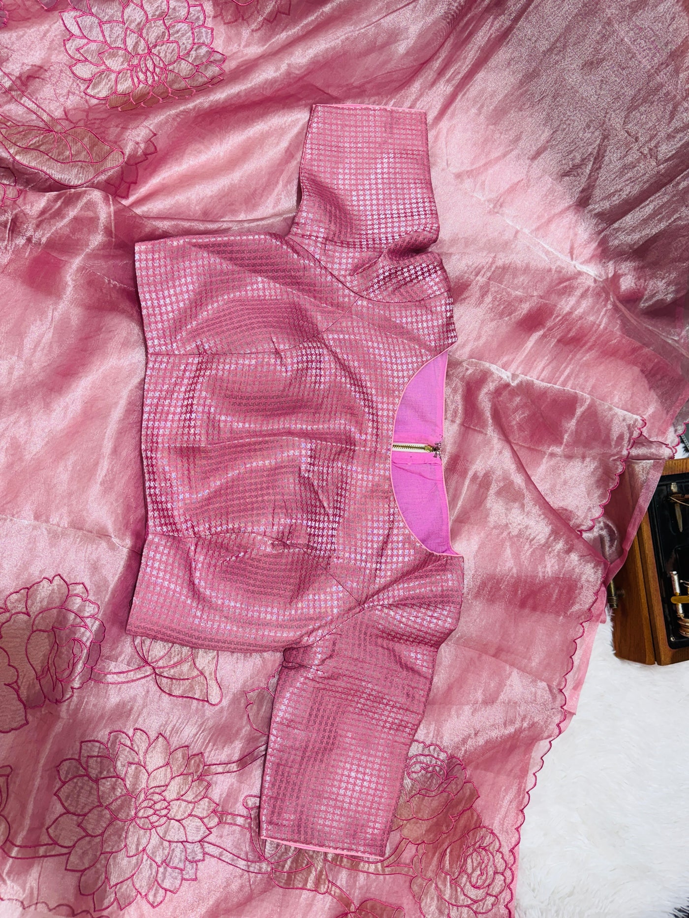 Pink Tissue Saree with Floral Thread Work & Matching Checkered Blouse