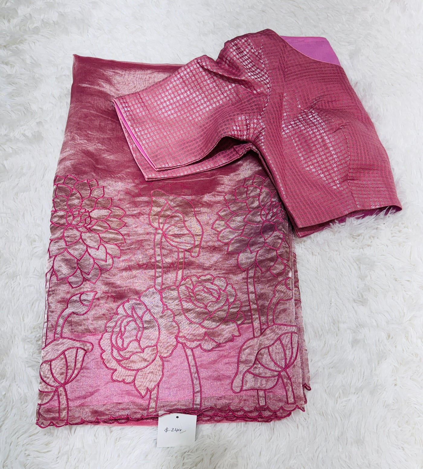 Pink Tissue Saree with Floral Thread Work & Matching Checkered Blouse