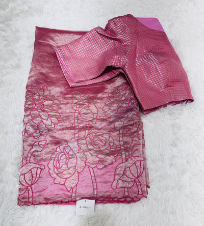 Pink Tissue Saree with Floral Thread Work & Matching Checkered Blouse