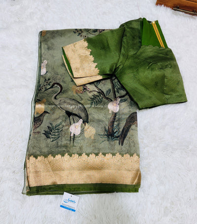 Banarasi Silk Saree – Olive Green with Bird & Peacock Design, Golden Zari Border, Paired with Matching Blouse