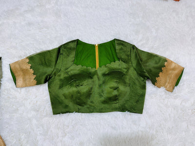 Banarasi Silk Saree – Olive Green with Bird & Peacock Design, Golden Zari Border, Paired with Matching Blouse