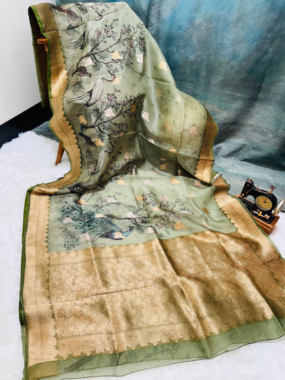 Banarasi Silk Saree – Olive Green with Bird & Peacock Design, Golden Zari Border, Paired with Matching Blouse