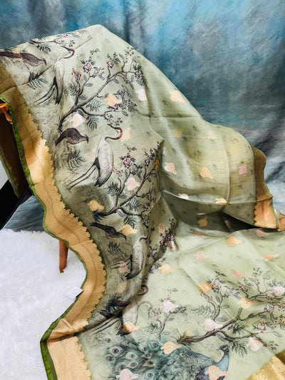 Banarasi Silk Saree – Olive Green with Bird & Peacock Design, Golden Zari Border, Paired with Matching Blouse