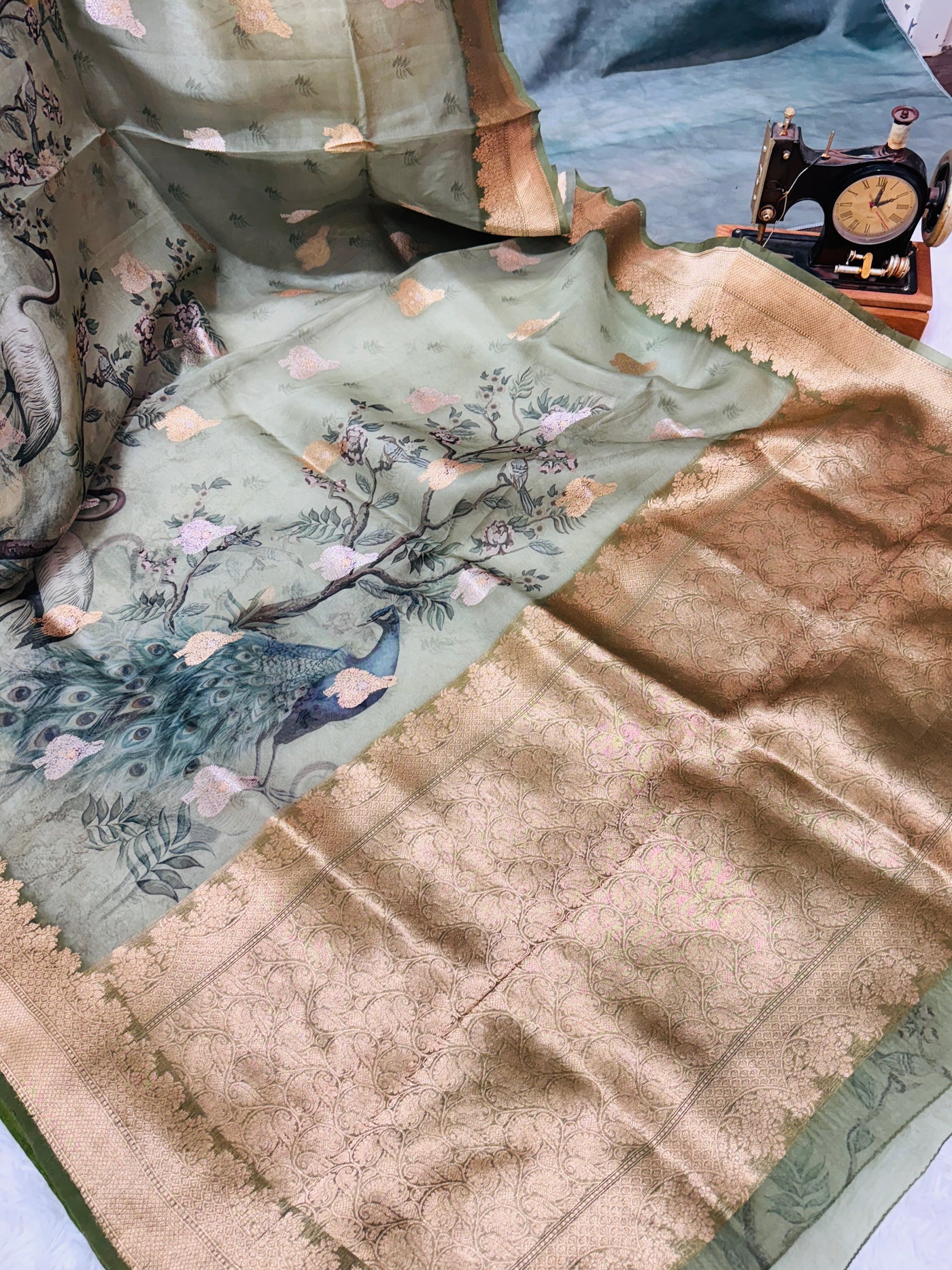 Banarasi Silk Saree – Olive Green with Bird & Peacock Design, Golden Zari Border, Paired with Matching Blouse