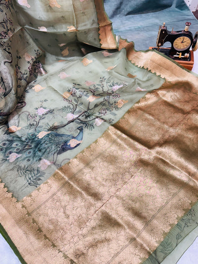 Banarasi Silk Saree – Olive Green with Bird & Peacock Design, Golden Zari Border, Paired with Matching Blouse