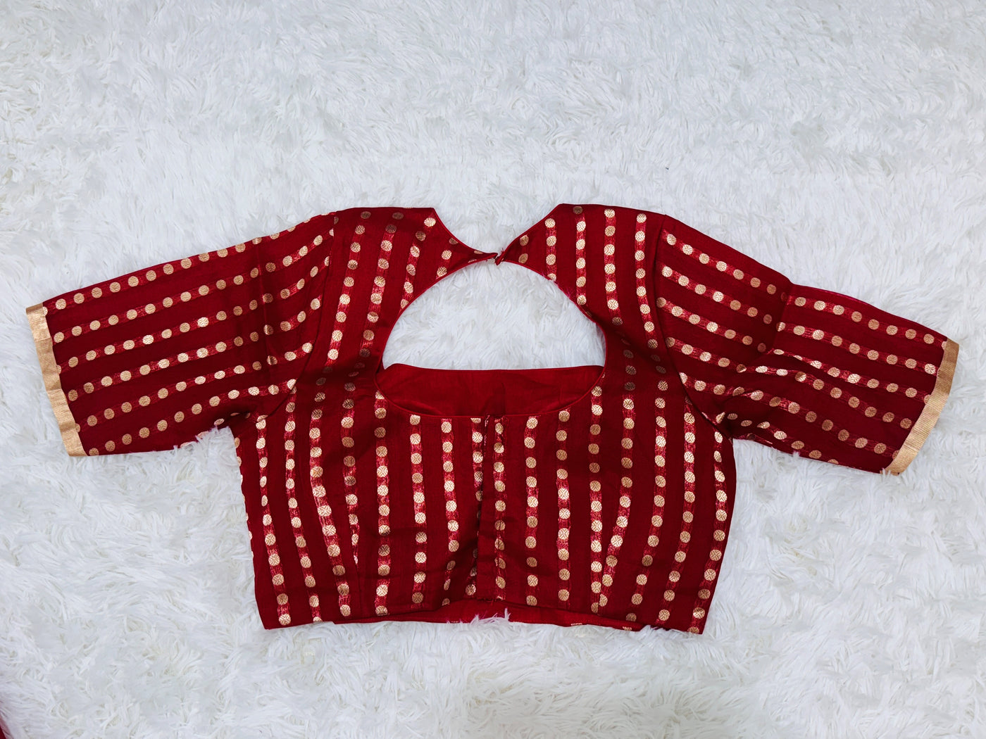 Banarasi Kora Silk Saree – Deep Red with Gold Zari Border & Geometric Pattern, Paired with Contrast Polka Dot Blouse