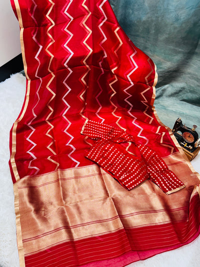 Banarasi Kora Silk Saree – Deep Red with Gold Zari Border & Geometric Pattern, Paired with Contrast Polka Dot Blouse