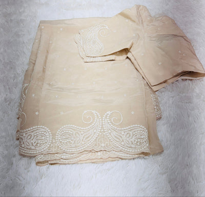 Elegant Cream Fancy Saree with Intricate White Embroidery & Matching Blouse