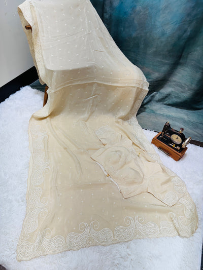 Elegant Cream Fancy Saree with Intricate White Embroidery & Matching Blouse