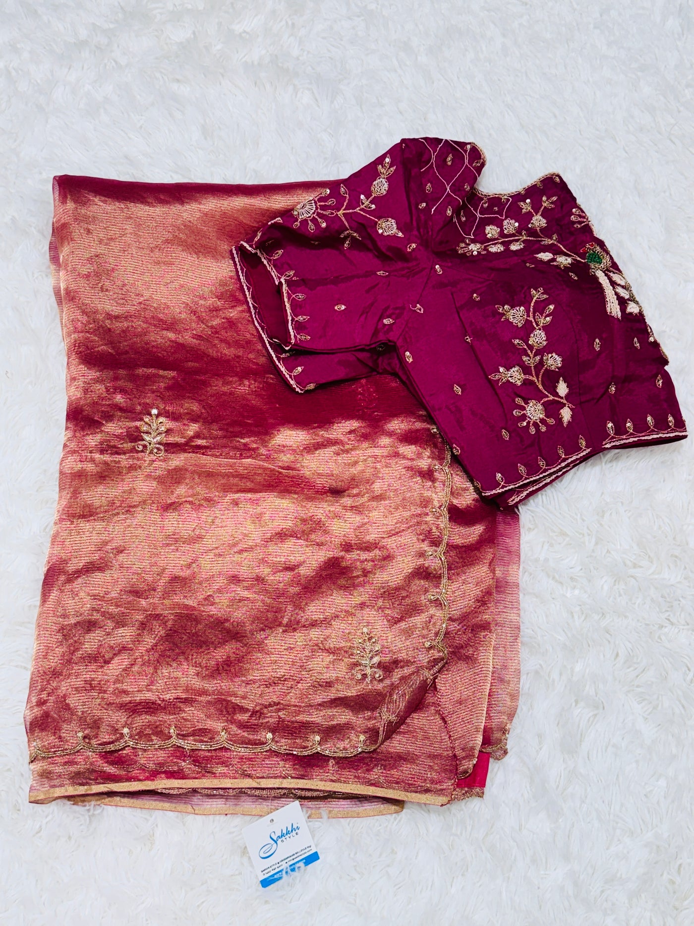 Pink & Gold Dual Tone Tissue Saree with Embroidered Wine Blouse – Elegant Party Wear Saree