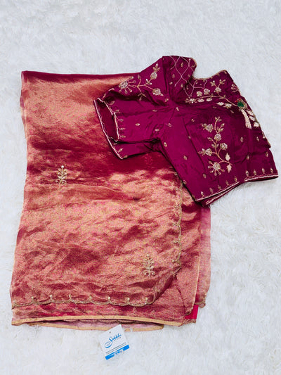 Pink & Gold Dual Tone Tissue Saree with Embroidered Wine Blouse – Elegant Party Wear Saree