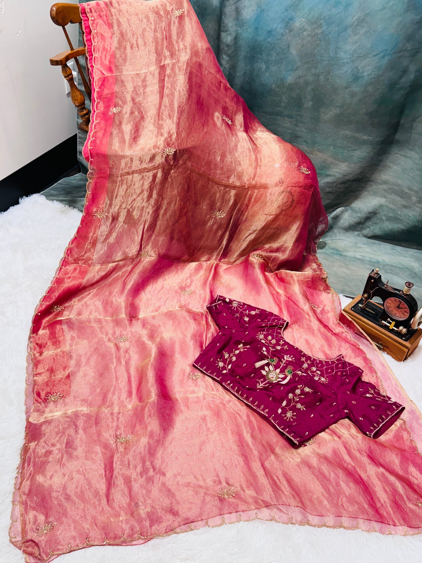 Pink & Gold Dual Tone Tissue Saree with Embroidered Wine Blouse – Elegant Party Wear Saree
