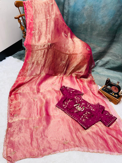 Pink & Gold Dual Tone Tissue Saree with Embroidered Wine Blouse – Elegant Party Wear Saree