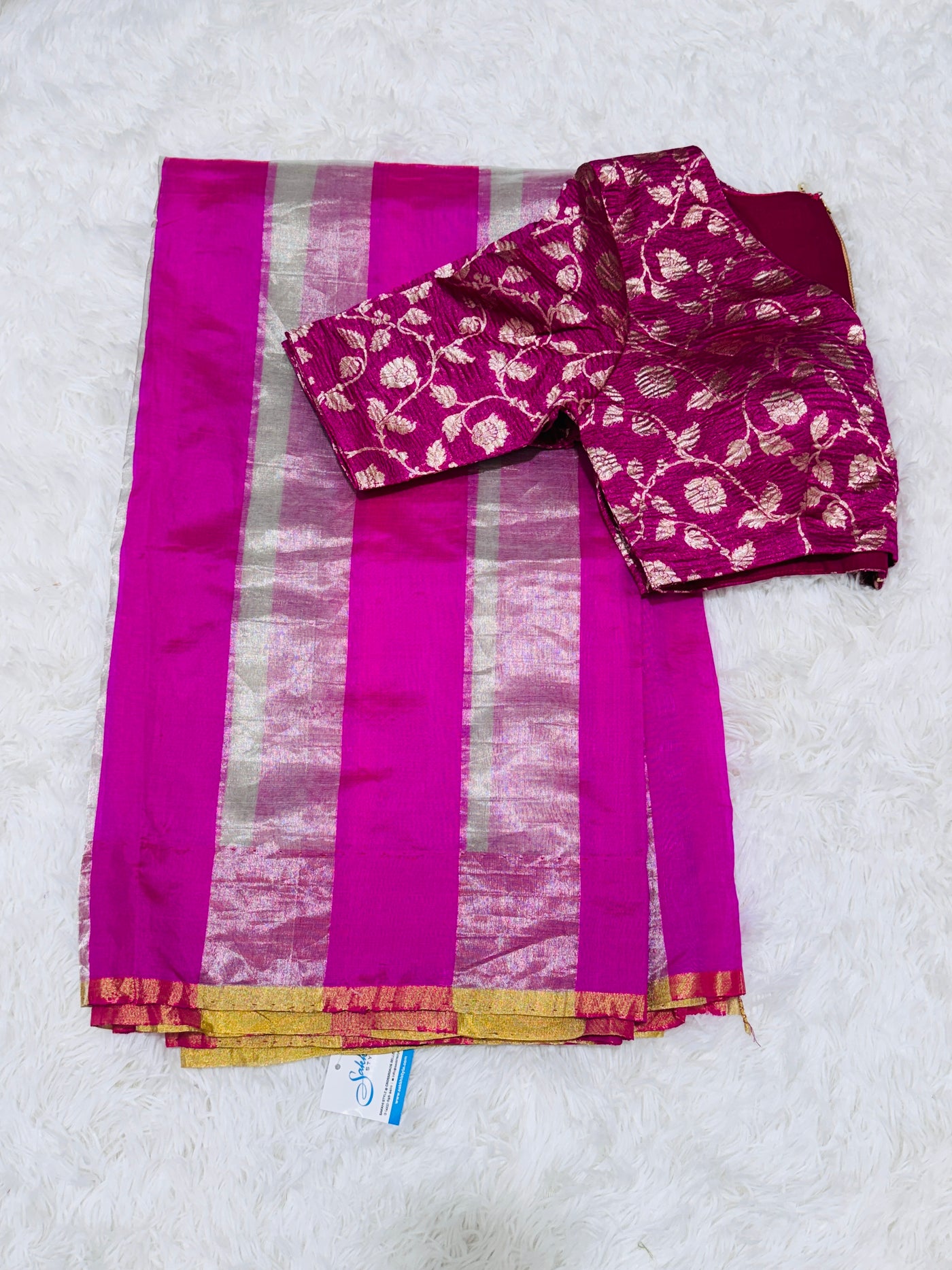 Banarasi Tissue Silk Saree – Pink & Silver Stripes with Contrast Floral Blouse