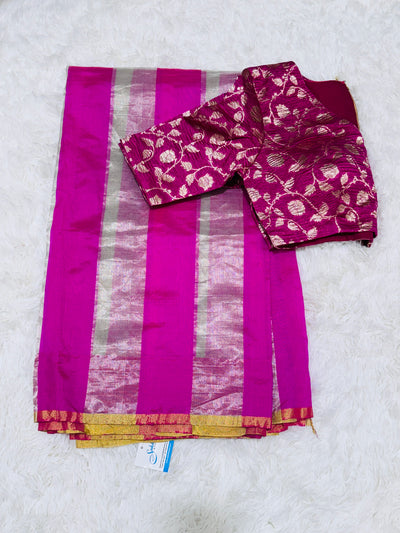 Banarasi Tissue Silk Saree – Pink & Silver Stripes with Contrast Floral Blouse