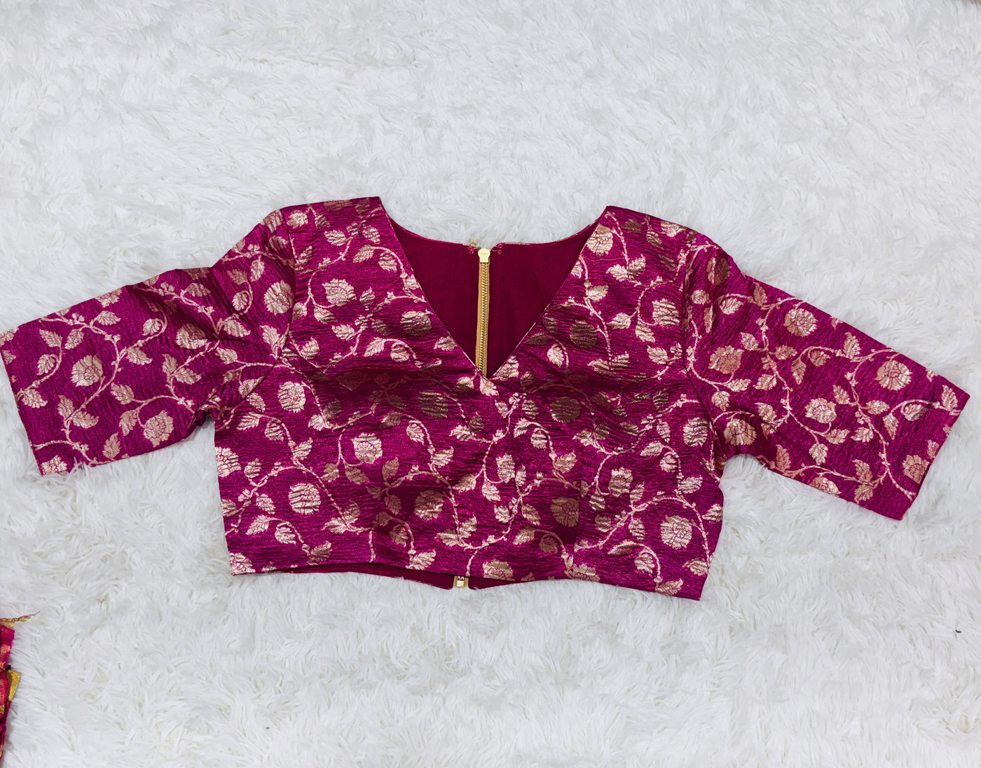 Banarasi Tissue Silk Saree – Pink & Silver Stripes with Contrast Floral Blouse