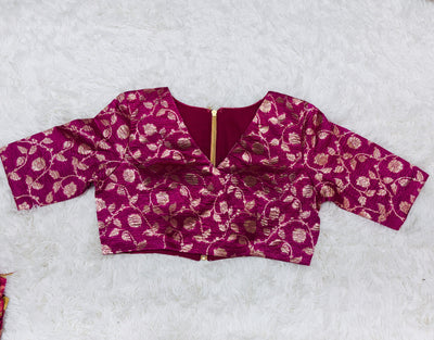 Banarasi Tissue Silk Saree – Pink & Silver Stripes with Contrast Floral Blouse