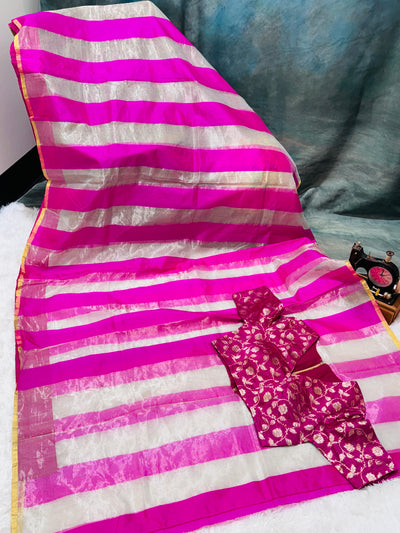 Banarasi Tissue Silk Saree – Pink & Silver Stripes with Contrast Floral Blouse
