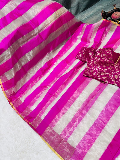 Banarasi Tissue Silk Saree – Pink & Silver Stripes with Contrast Floral Blouse