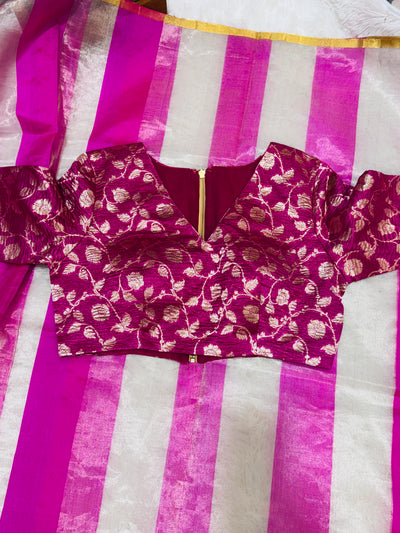 Banarasi Tissue Silk Saree – Pink & Silver Stripes with Contrast Floral Blouse