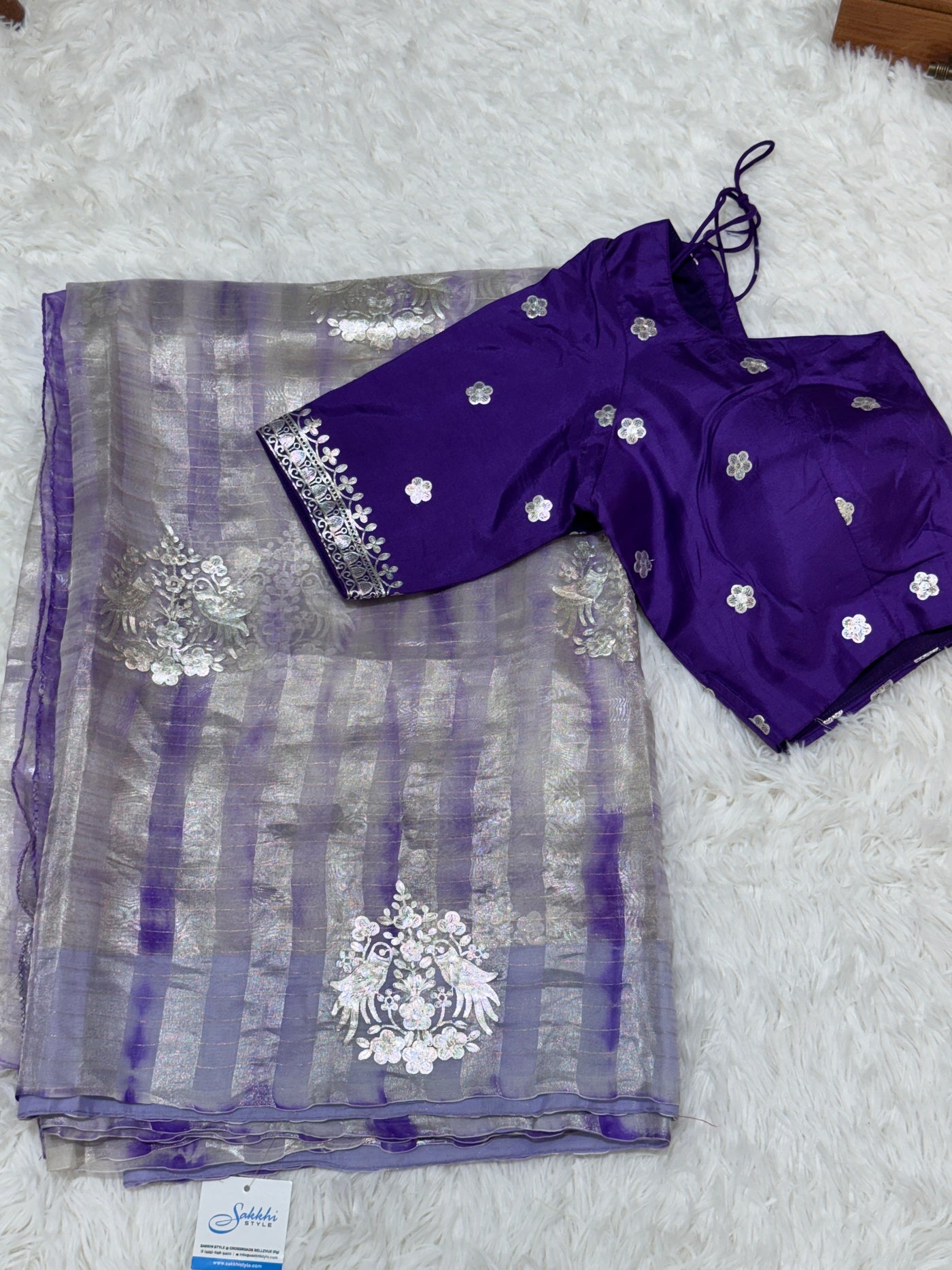 Purple Tissue Fancy Saree with Silver Zari Work & Embellished Blouse