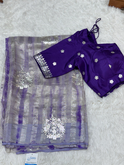Purple Tissue Fancy Saree with Silver Zari Work & Embellished Blouse