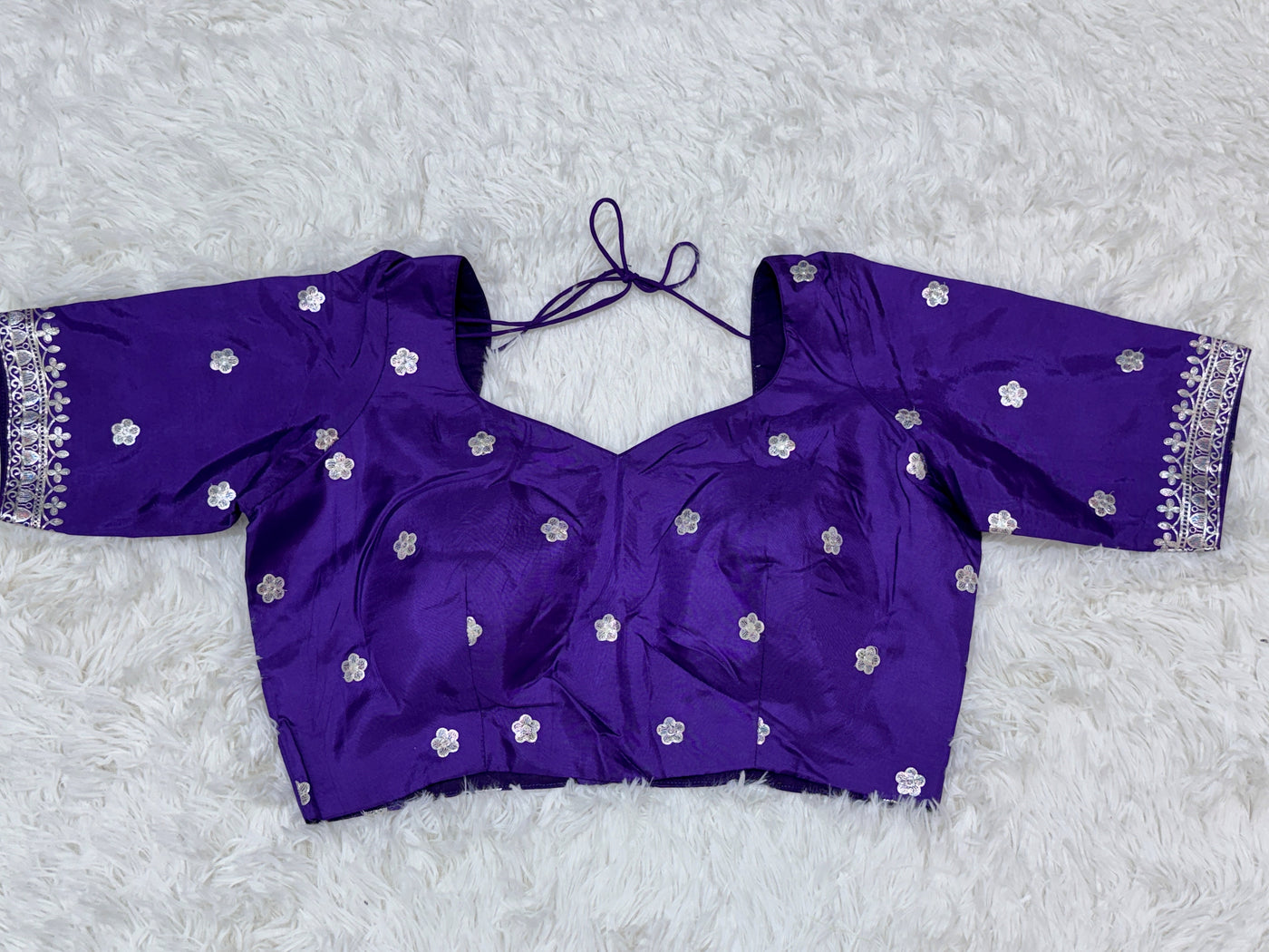 Purple Tissue Fancy Saree with Silver Zari Work & Embellished Blouse