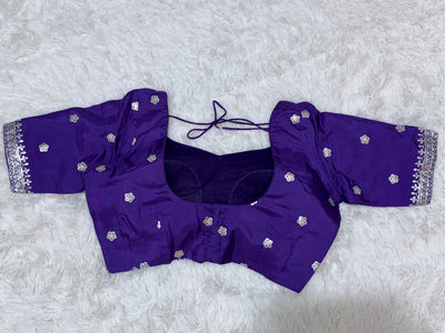 Purple Tissue Fancy Saree with Silver Zari Work & Embellished Blouse