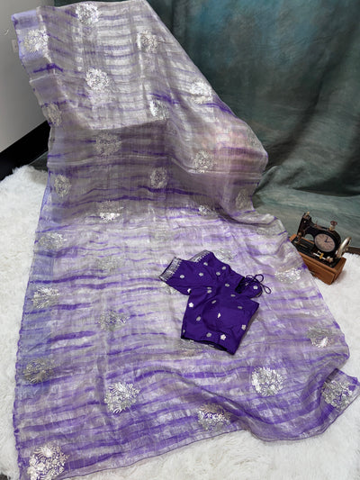 Purple Tissue Fancy Saree with Silver Zari Work & Embellished Blouse