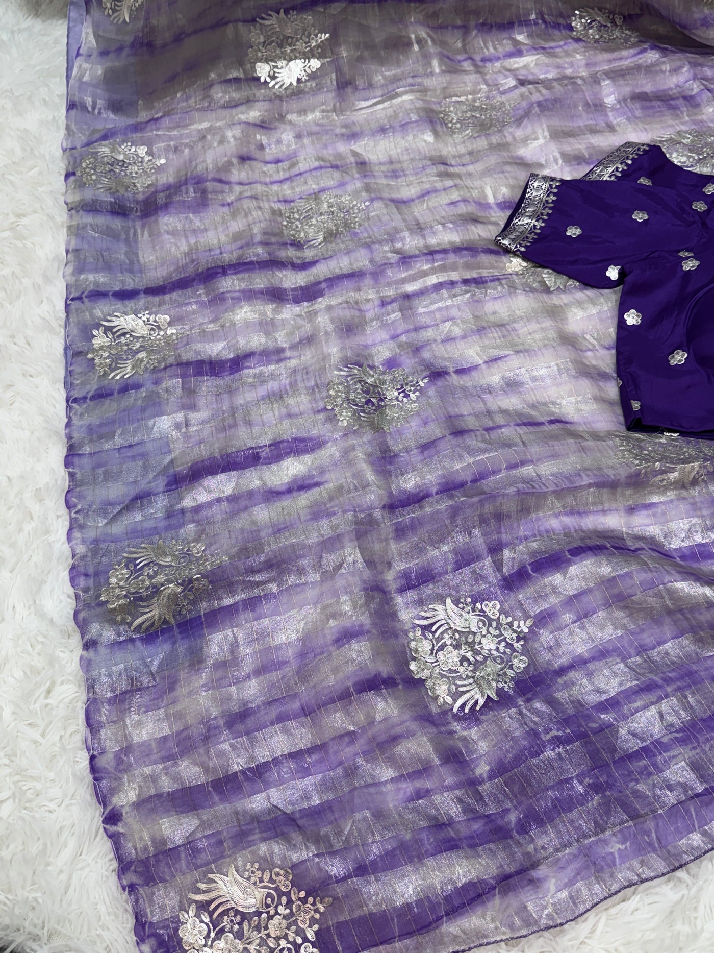 Purple Tissue Fancy Saree with Silver Zari Work & Embellished Blouse